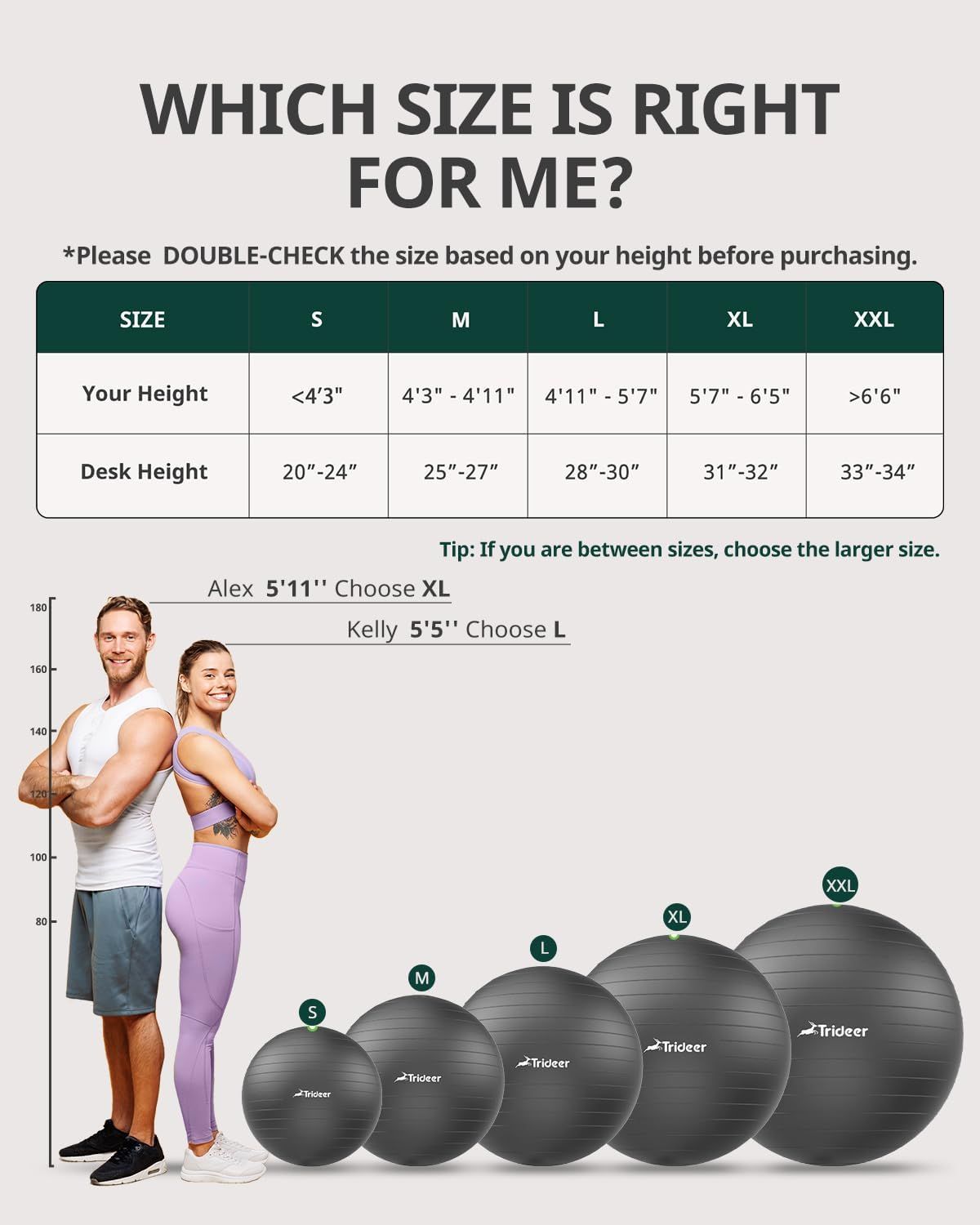 Helps shoppers choose the correct size from the brand's product line by showing all available sizes and providing a sizing chart based on height and desk height recommendations.