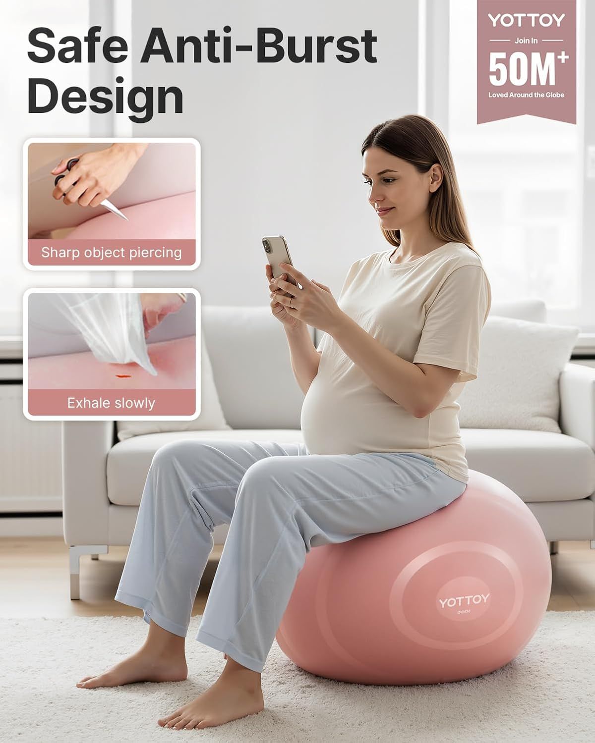 Reassures shoppers that the exercise ball is safe to use during pregnancy or general fitness by highlighting its anti-burst construction that prevents sudden deflation from sharp objects or…