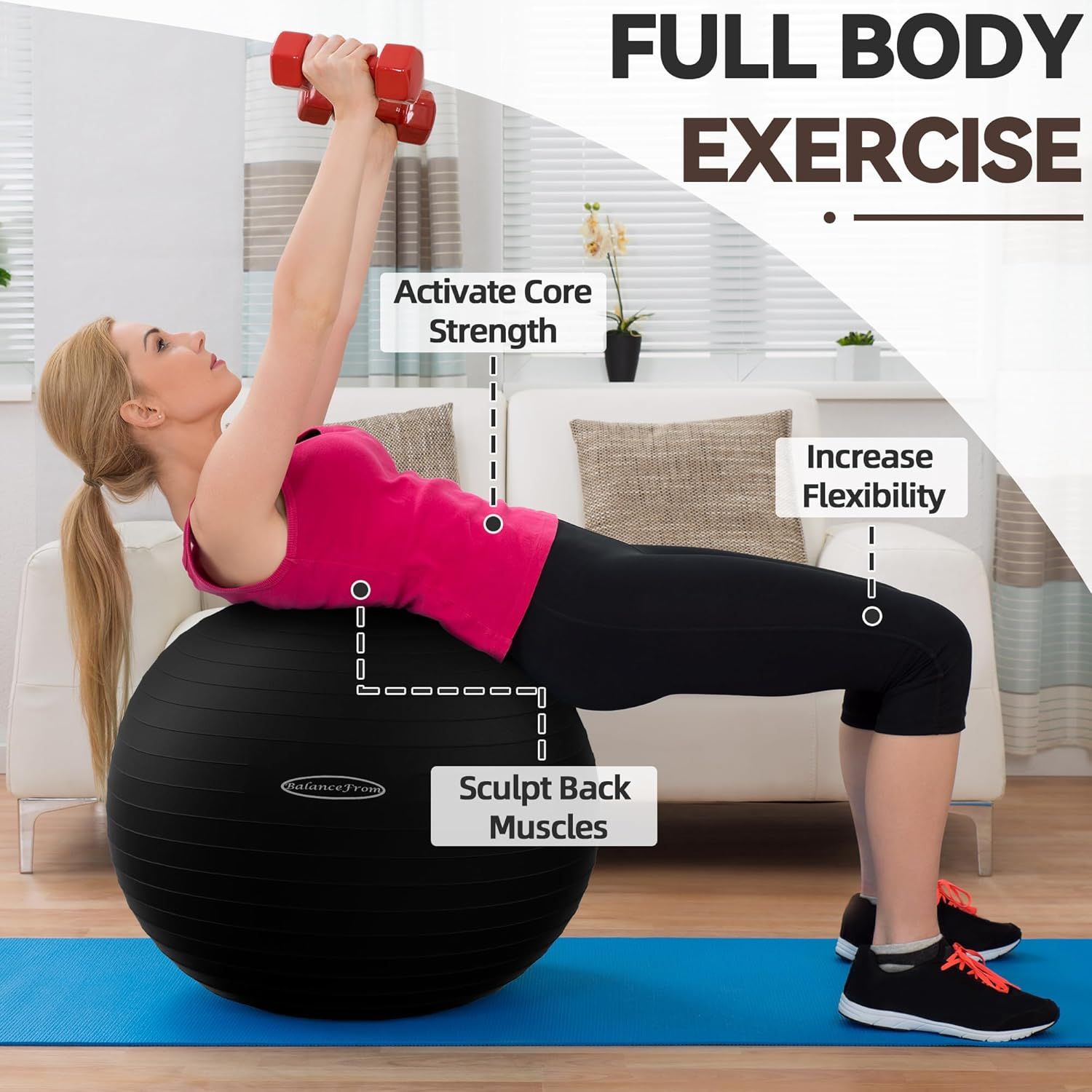 Demonstrates multiple distinct fitness benefits of using the exercise ball, showing how it targets different muscle groups and capabilities to reassure…