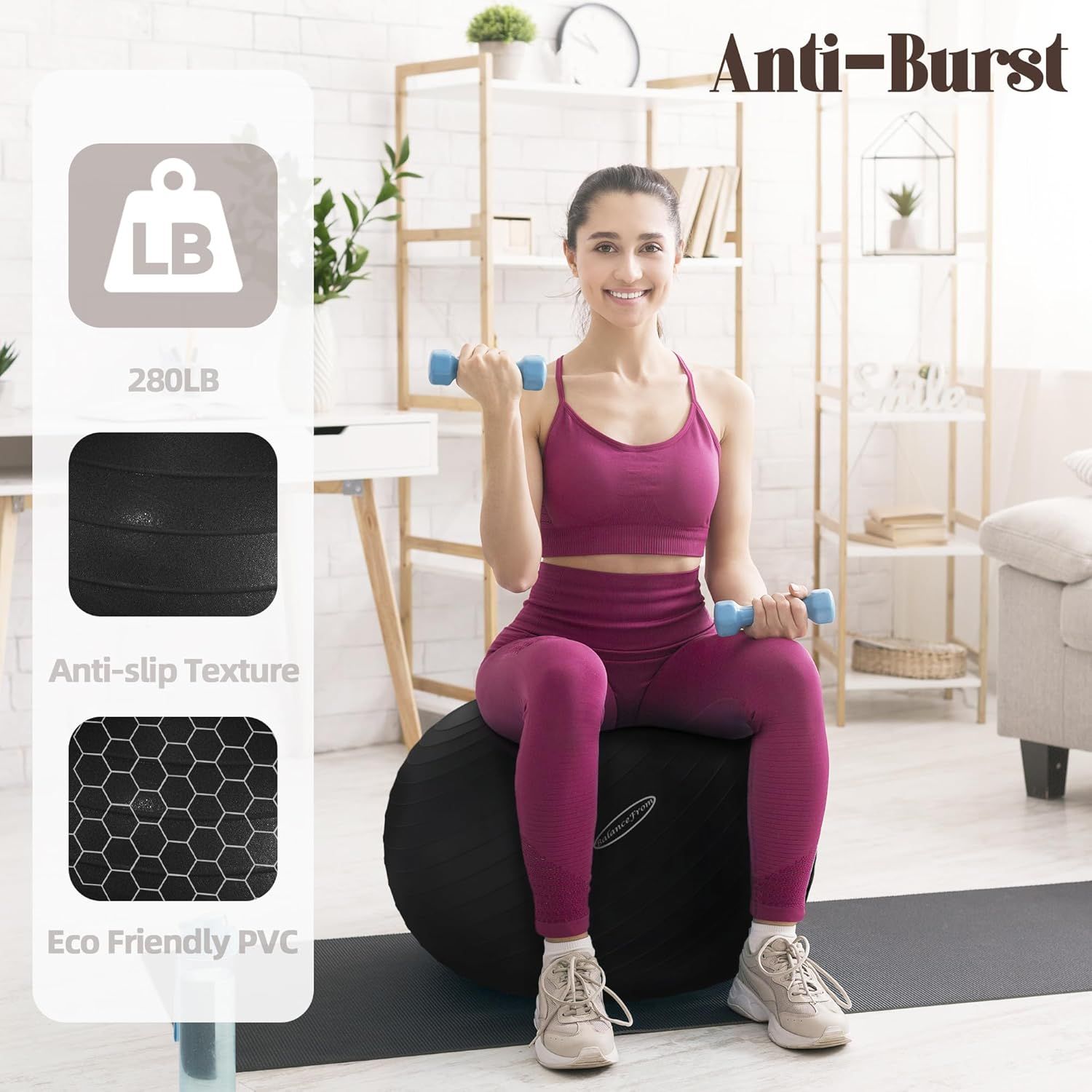 Communicates multiple key product benefits in a segmented layout to reassure shoppers about the exercise ball's durability, safety, weight capacity, and…