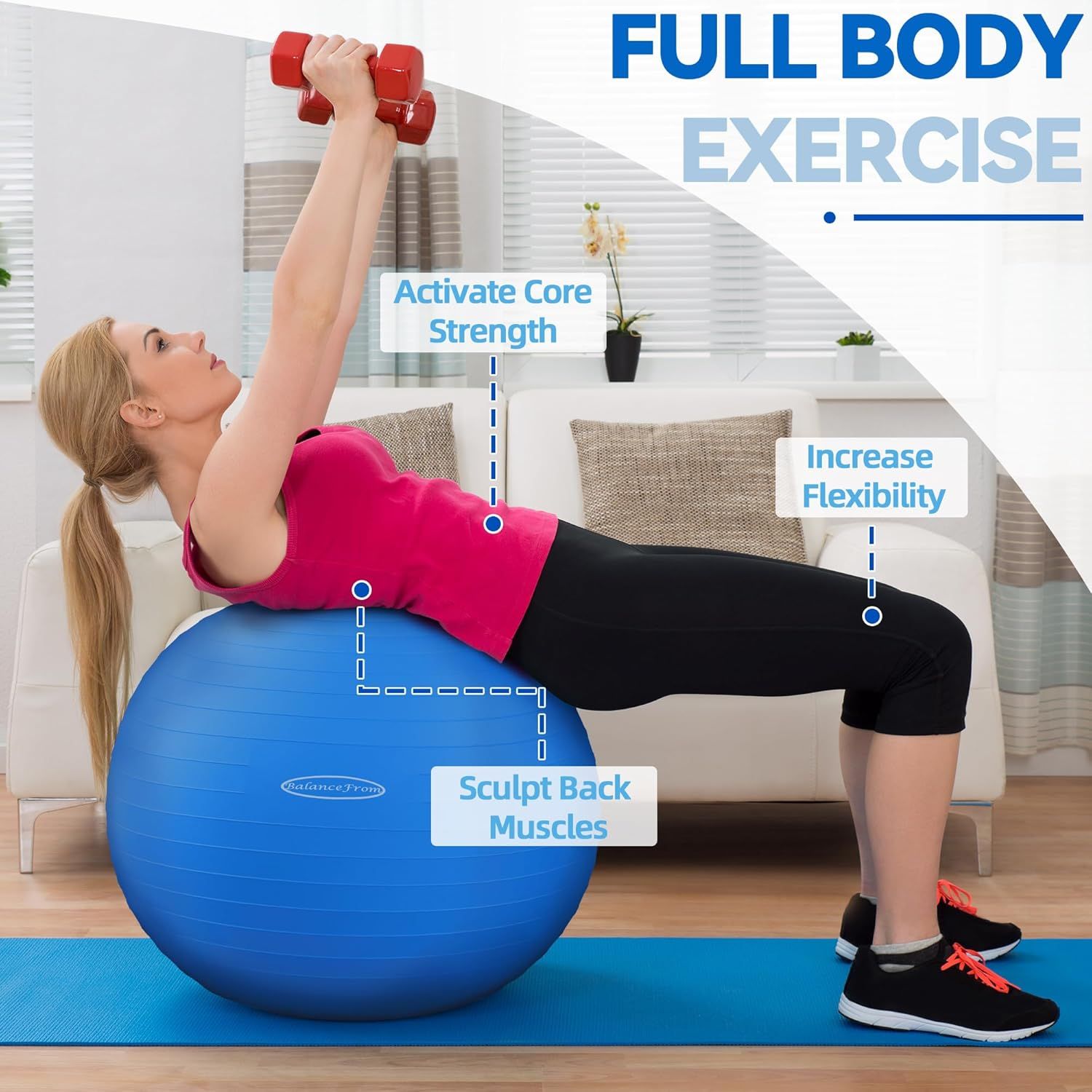 Demonstrates multiple distinct fitness benefits of using the exercise ball, showing how it targets different muscle groups and capabilities in a full-body…