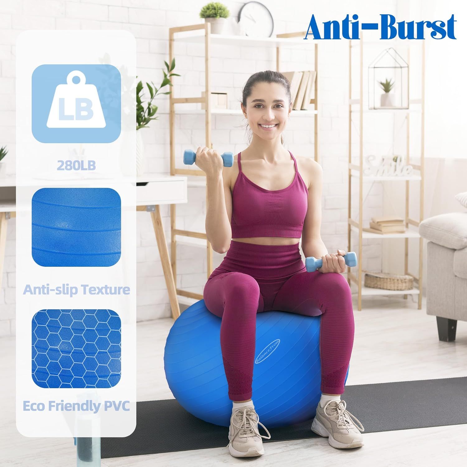 Communicates multiple key product benefits in a segmented layout to reassure shoppers about the exercise ball's durability, safety, and environmental…