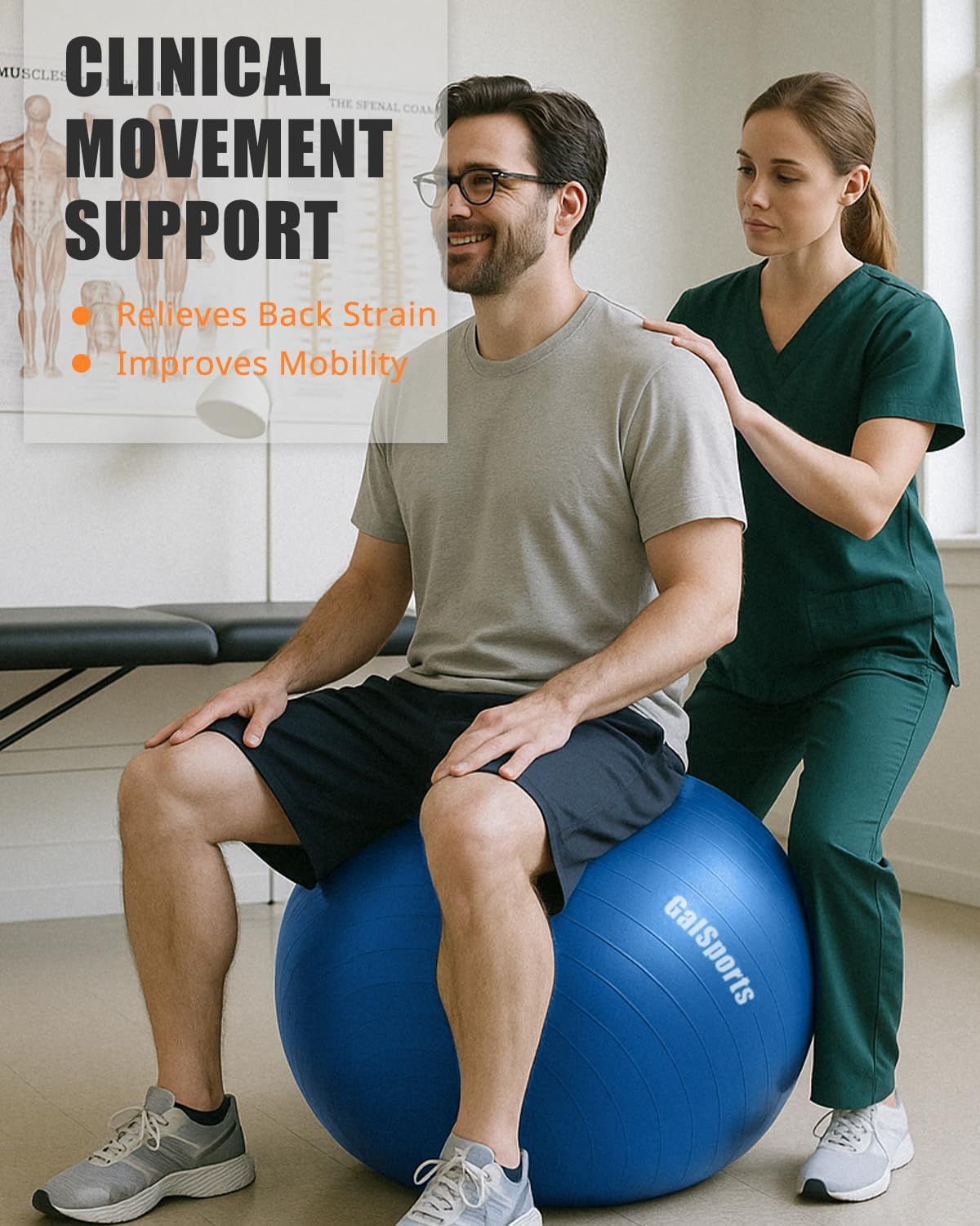 Communicates two distinct benefits of the product—relieving back strain and improving mobility—through a segmented text layout with bullet points, reinforcing…