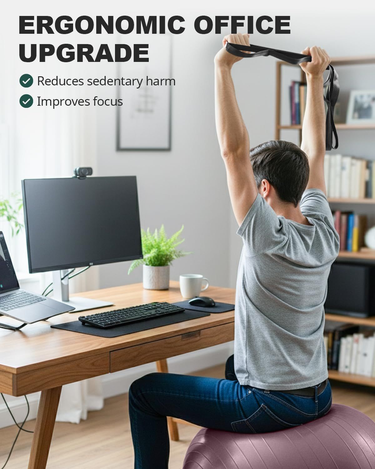 Communicates that the product enables an ergonomic office upgrade that reduces sedentary harm and improves focus, positioning it as a health-conscious…