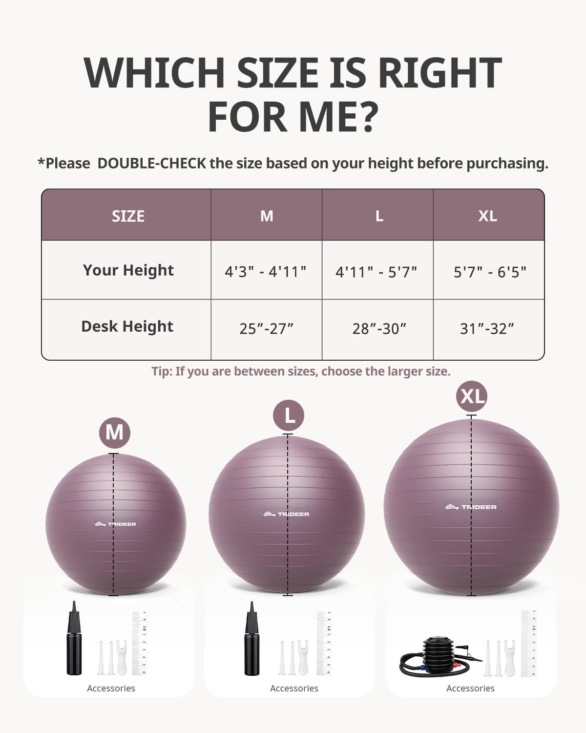 Helps shoppers choose the correct size from the brand's product lineup by showing three size options (M, L, XL) with corresponding height and desk height specifications, reducing purchase uncertainty.