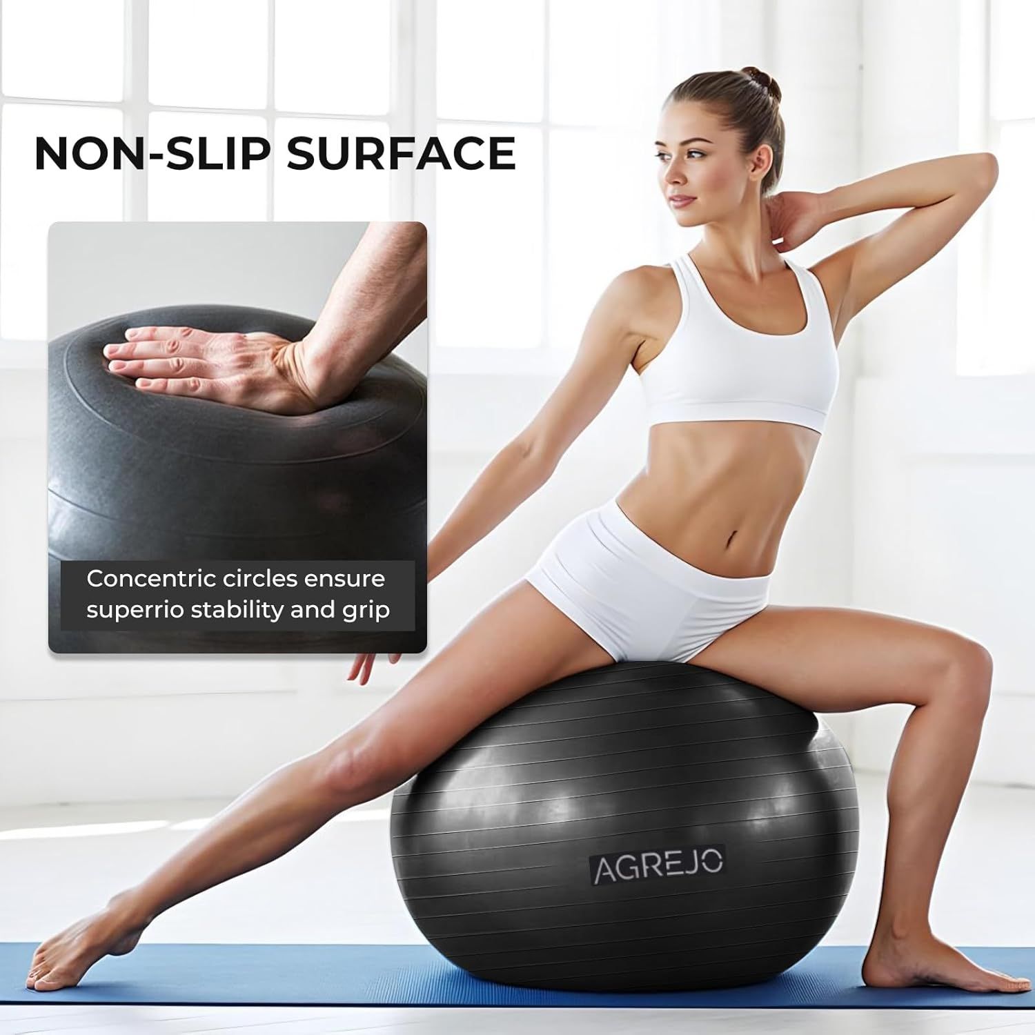Highlights the non-slip surface feature with concentric circles that ensure superior stability and grip during exercise, reassuring shoppers of safety and…