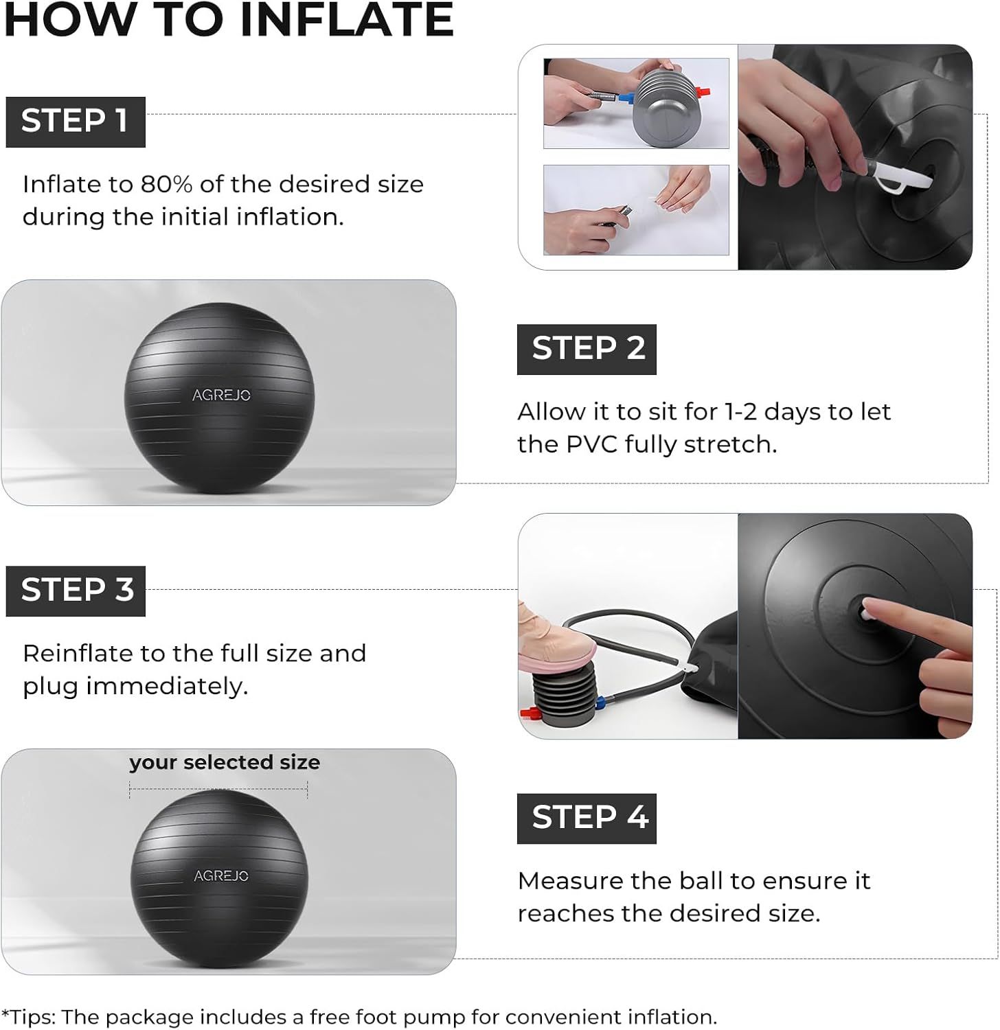 Provides step-by-step instructions on how to properly inflate the exercise ball to ensure correct setup and optimal performance.