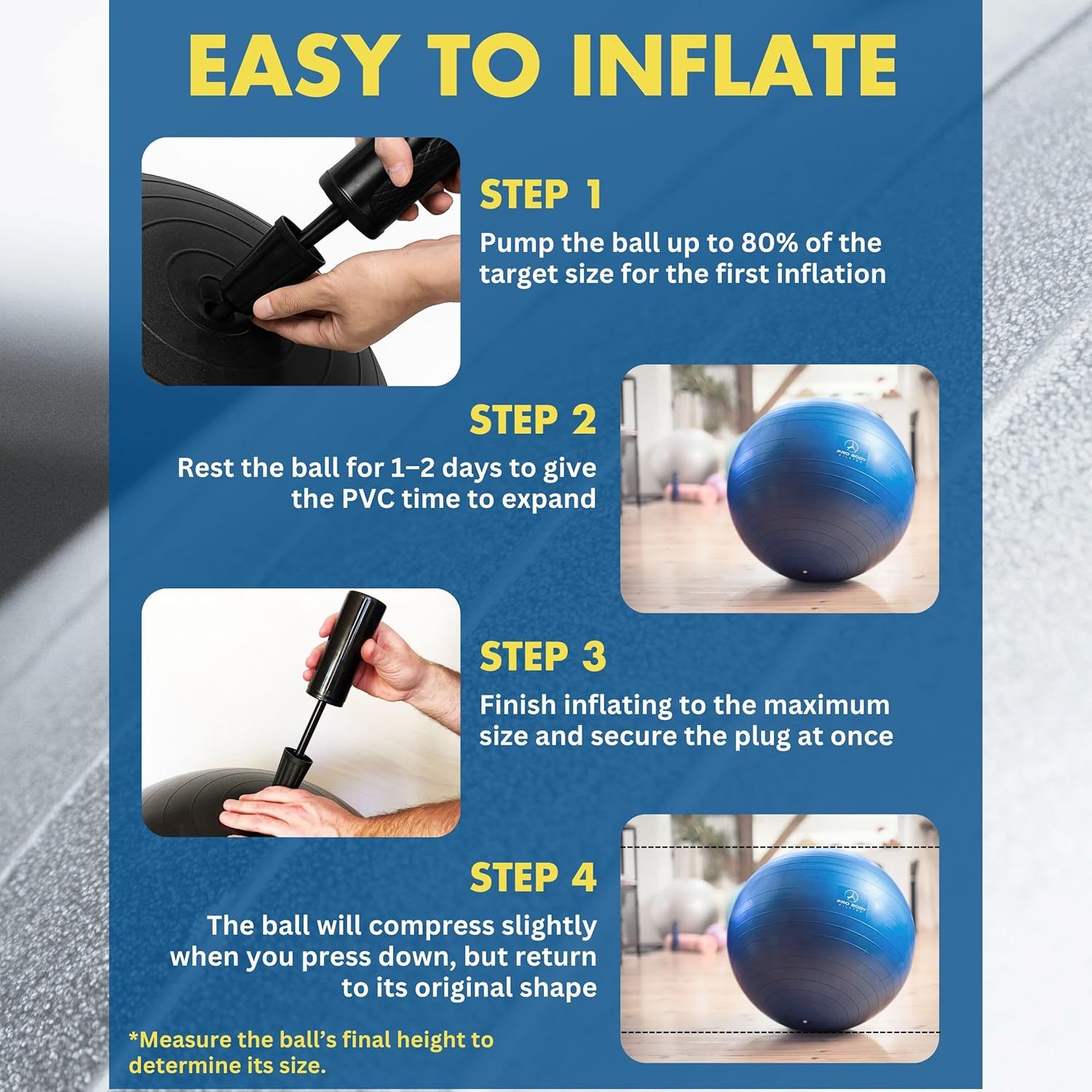 Provides step-by-step instructions on how to properly inflate the exercise ball, ensuring customers understand the correct setup process for optimal product performance and safety.
