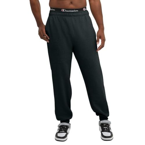 Displays the product clearly on a white background to show the fit, style, and Champion branding of the sweatpants without distractions.
