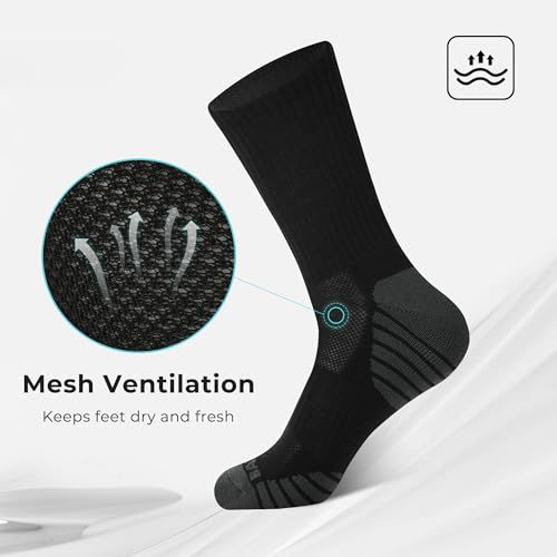 Highlights the mesh ventilation feature of the sock to communicate breathability and moisture management, reassuring shoppers that the product keeps feet dry and fresh. Communicates the primary…