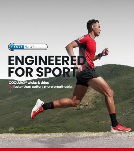 Communicates that the product is engineered with COOLMAX technology for athletic performance, emphasizing moisture-wicking and breathability benefits for active users.