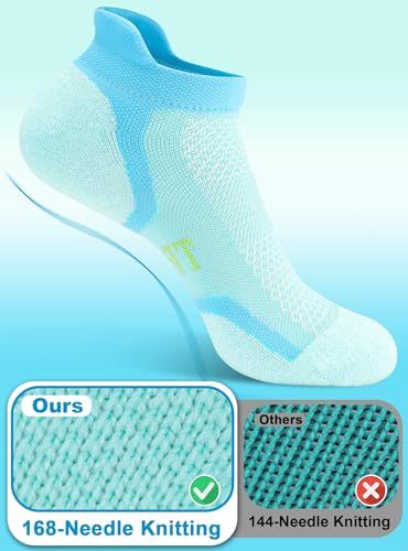 Demonstrates the superior knitting density and quality of this brand's sock compared to competitors, using a side-by-side visual comparison with checkmark and X to show the product's advantage.…