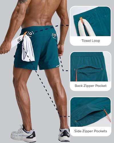 This image breaks down the physical components and functional features of the shorts, using callout boxes with arrows to highlight the towel loop, back zipper pocket, and side zipper pockets,…