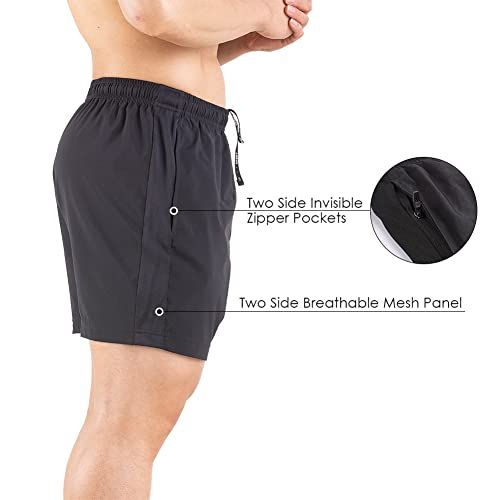 Highlights the physical features and construction details of the shorts, specifically the invisible zipper pockets and breathable mesh panels, to inform shoppers about the product's functional…