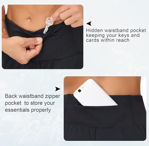 Highlights the product's built-in storage features—a hidden front waistband pocket for keys and cards, and a back zipper pocket for essentials—to reassure shoppers about convenient, secure storage…