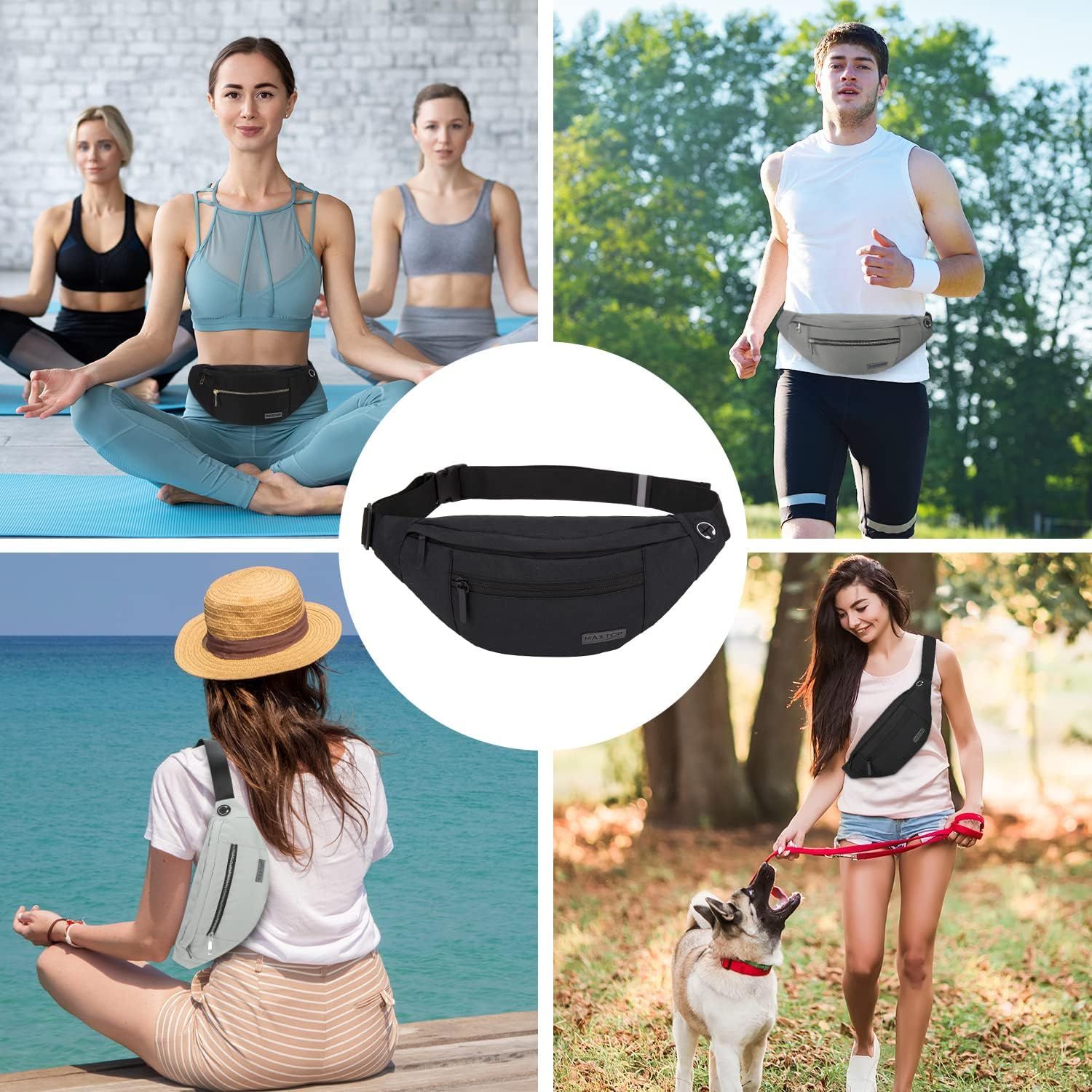 Demonstrates the versatility of the fanny pack by showing it being used across multiple lifestyle scenarios—yoga, jogging, travel, and outdoor activities—to reassure shoppers it fits various…