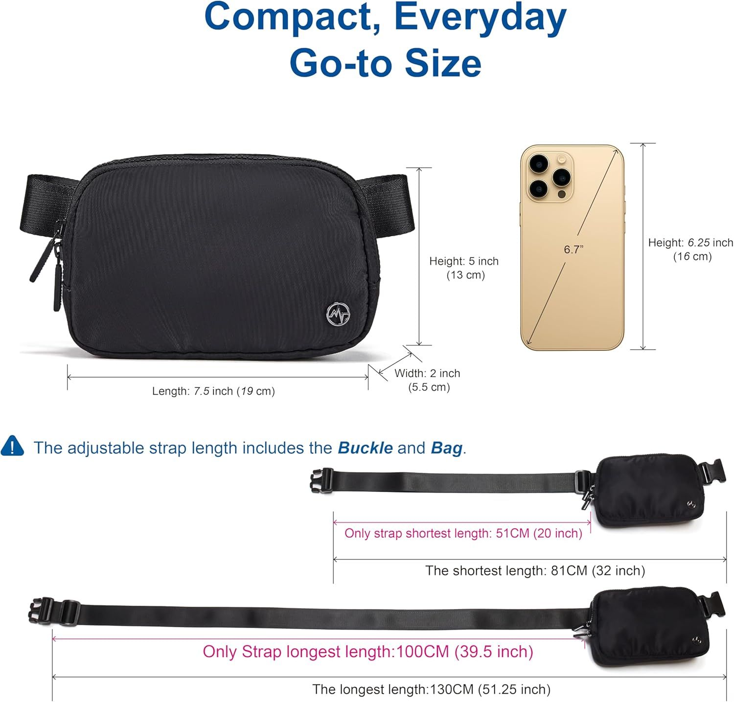 Communicates the exact physical dimensions of the bag and its adjustable strap, using a smartphone as a scale reference to help shoppers understand the…