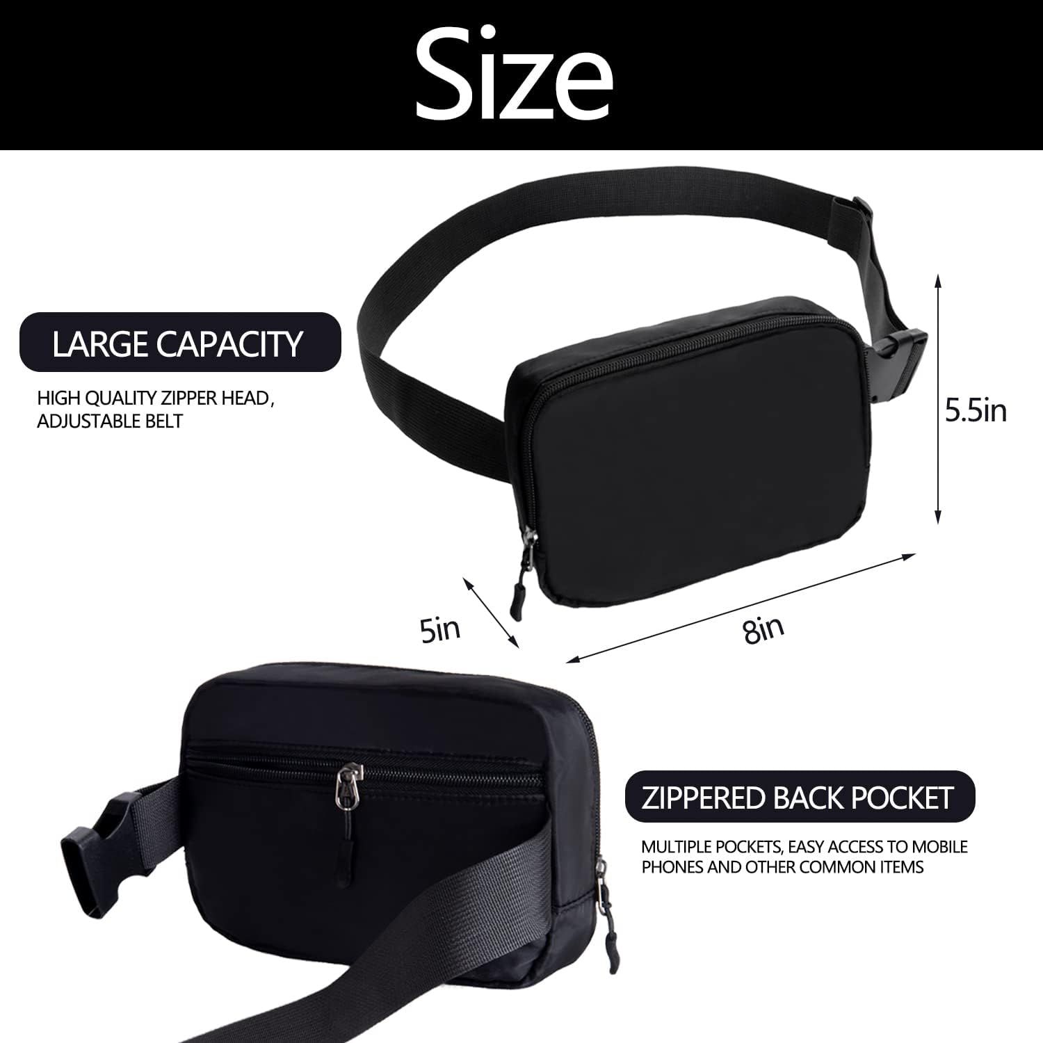 Communicates the exact physical dimensions of the fanny pack (8in x 5.5in x 5in) to help shoppers understand the size and capacity, while also highlighting…