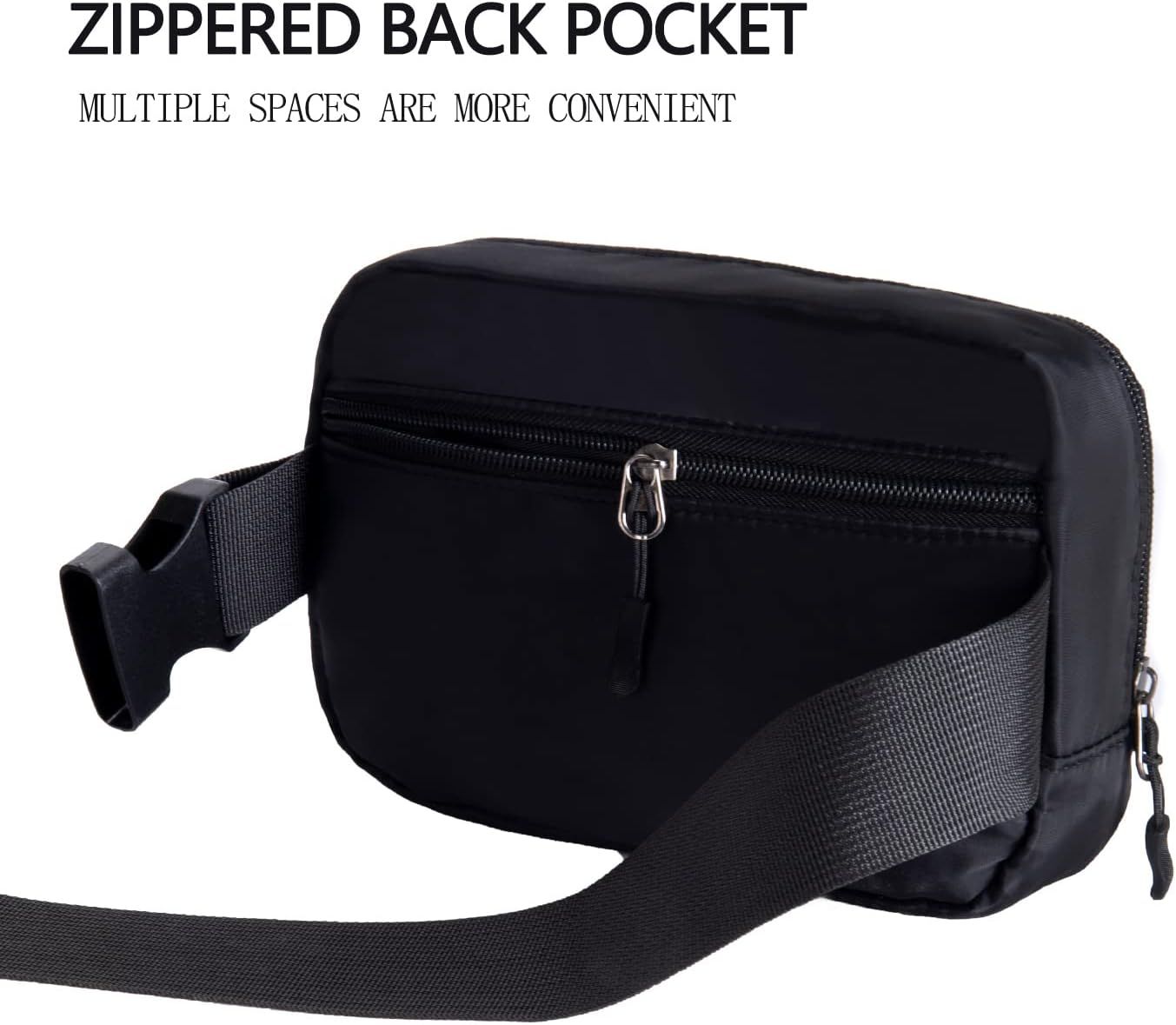 Highlights the zippered back pocket feature to show the product's multiple storage compartments and organizational convenience. Communicates that the bag…