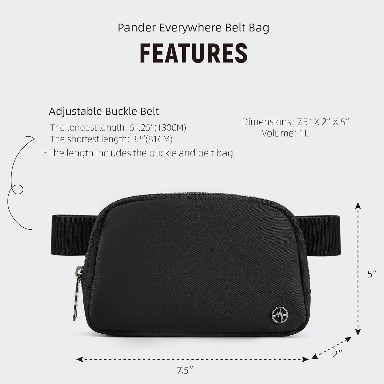 Communicates the exact physical dimensions (7.5" x 2" x 5") and volume (1L) of the belt bag, along with adjustable belt length specifications, to help…