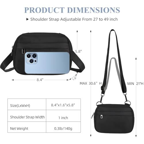 Provides detailed physical measurements of the bag including dimensions, adjustable strap range, and weight to help shoppers understand the exact size and fit…