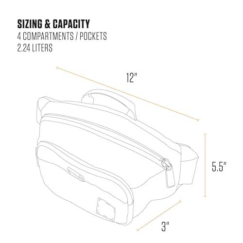 Communicates the exact physical dimensions of the bag (12" x 5.5" x 3") and its storage capacity (4 compartments/pockets, 2.24 liters) to help shoppers…