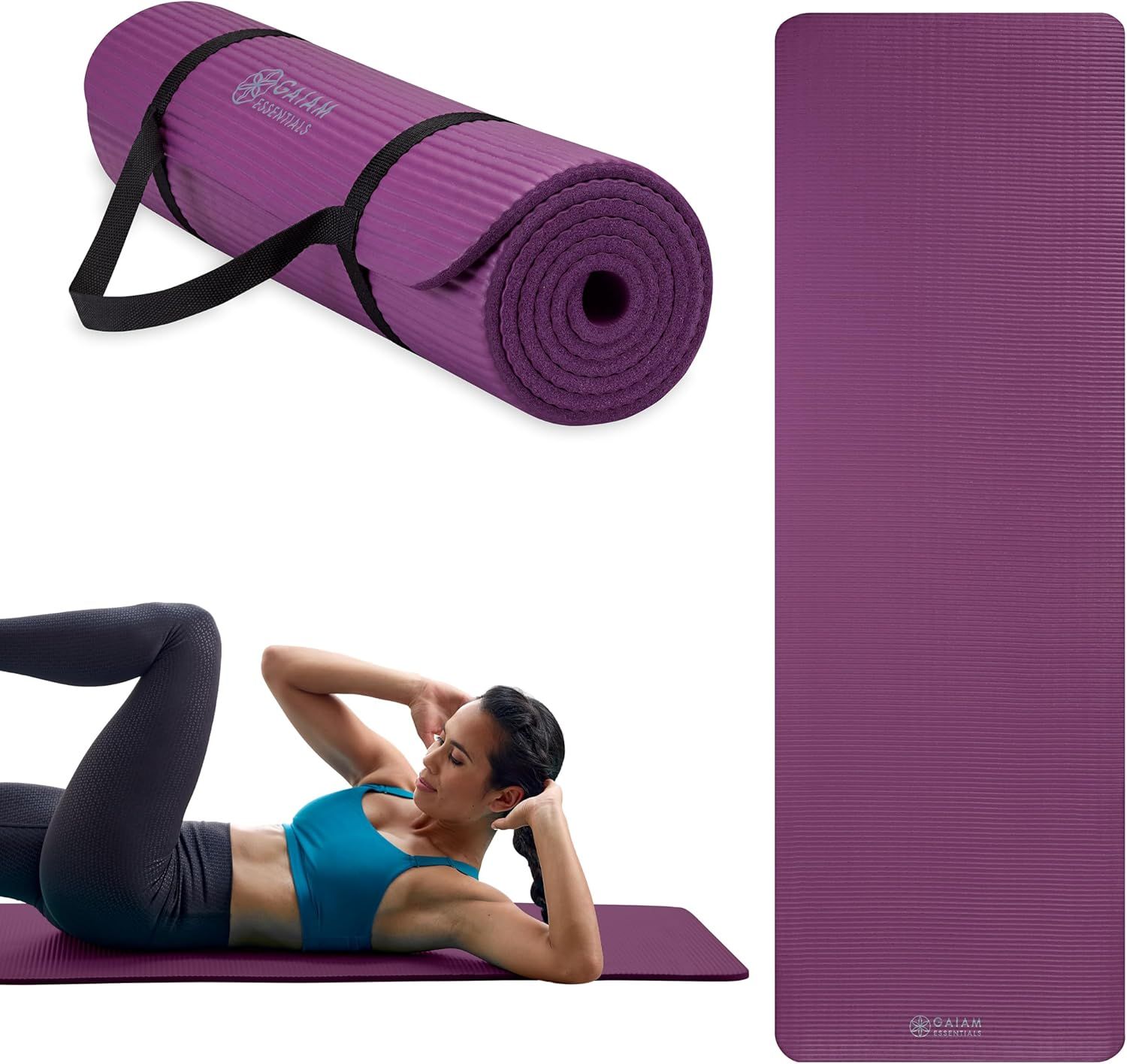 Shows the yoga mat being used in a real-world fitness setting to help shoppers visualize themselves using the product during workouts.