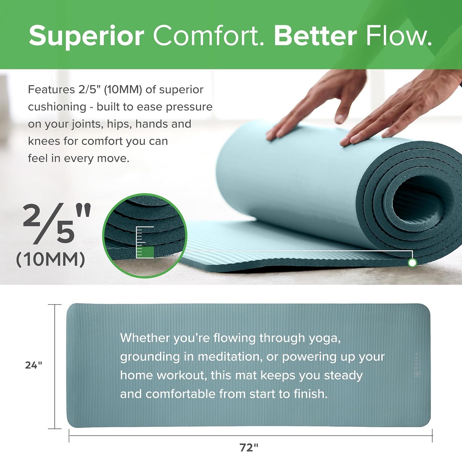 Communicates the exact physical dimensions and thickness of the yoga mat to help shoppers understand the size and cushioning level they will receive. Highlights the mat's superior cushioning feature…