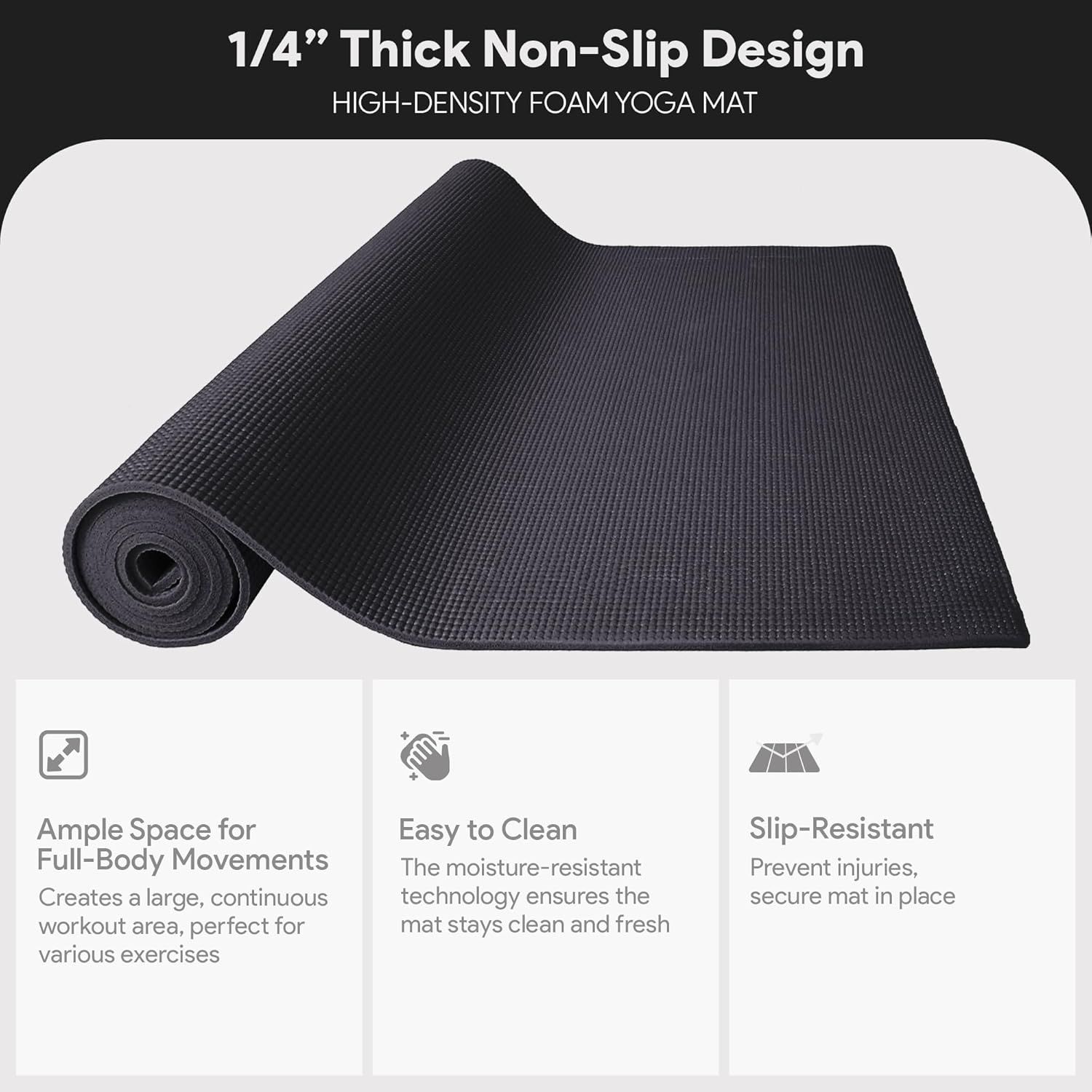 Communicates multiple key benefits of the yoga mat including its thickness, non-slip design, spaciousness, easy cleaning, and slip-resistant properties to reassure shoppers of its quality and…