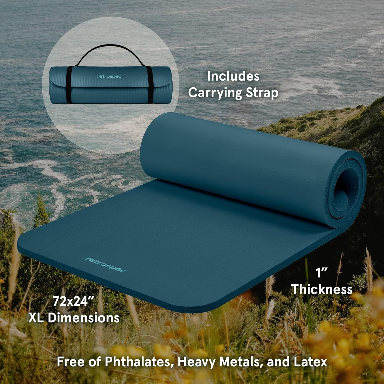 Shows the customer that the yoga mat comes with a convenient carrying strap for easy transport and portability. Communicates multiple key product specifications including size (72x24 inches),…