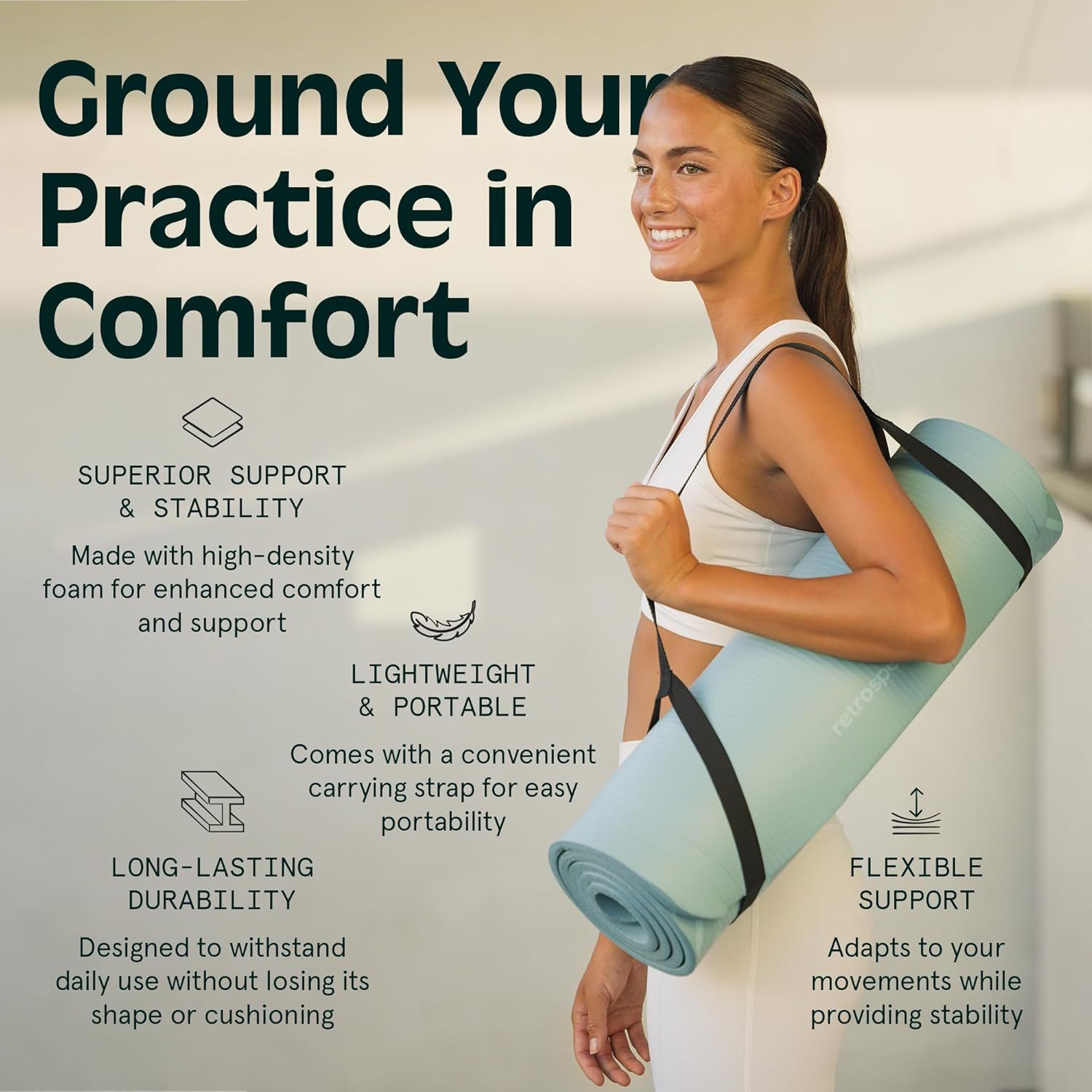 Communicates multiple key benefits of the yoga mat in a segmented layout to show shoppers why this product excels across comfort, portability, durability, and adaptability.