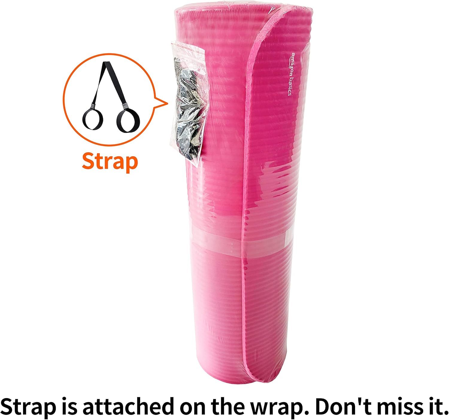 Highlights the built-in carrying strap feature on the yoga mat wrap to reassure shoppers of convenient portability and that this useful component is included.…