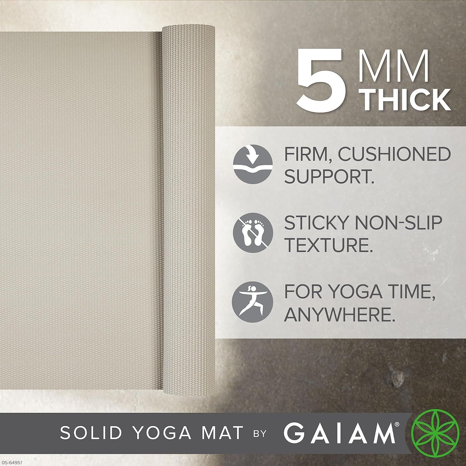 Communicates multiple key benefits of the yoga mat in a visually segmented layout: thickness for comfort, firm support, non-slip safety, and portability for use anywhere.