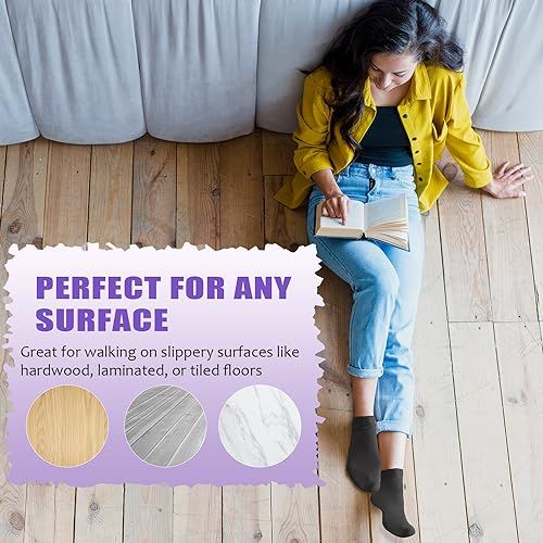 Demonstrates that the product (likely non-slip socks or footwear) is effective across multiple floor types—hardwood, laminated, and tiled surfaces—to reassure shoppers of its versatility and safety.…