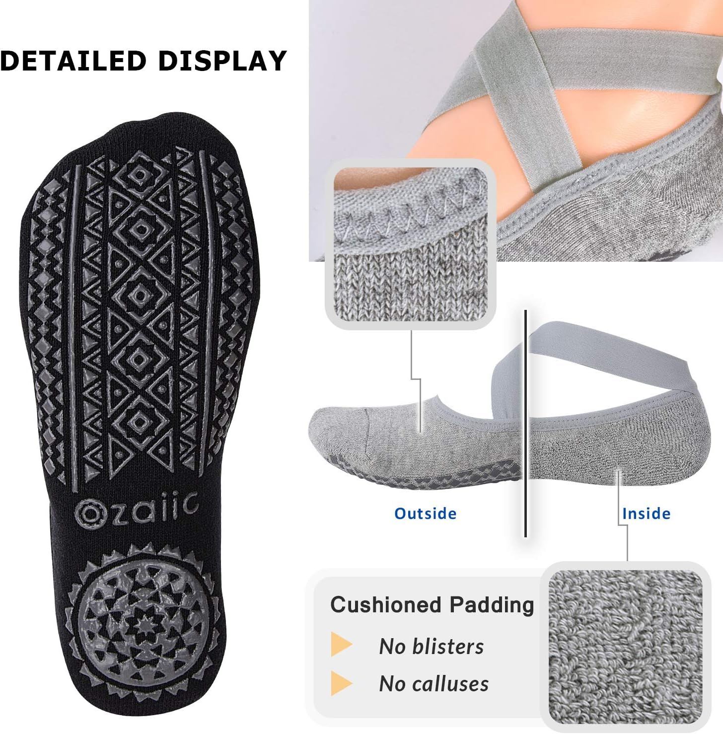 This image breaks down the physical components and construction details of the yoga/grip sock, showing the non-slip sole pattern, cushioned padding, knit texture, and strap design to help shoppers…