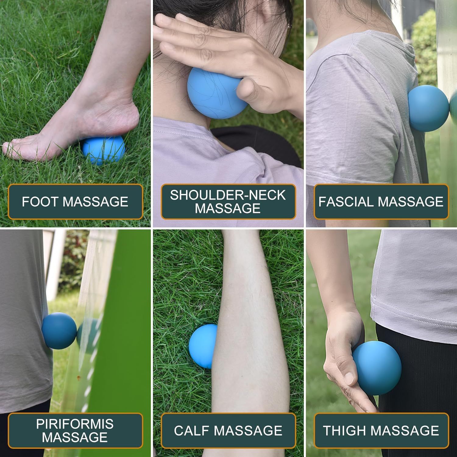Demonstrates the versatility of the massage ball by showing it can be used on six different body areas (foot, shoulder-neck, fascial, piriformis, calf, and thigh), reassuring shoppers of its…