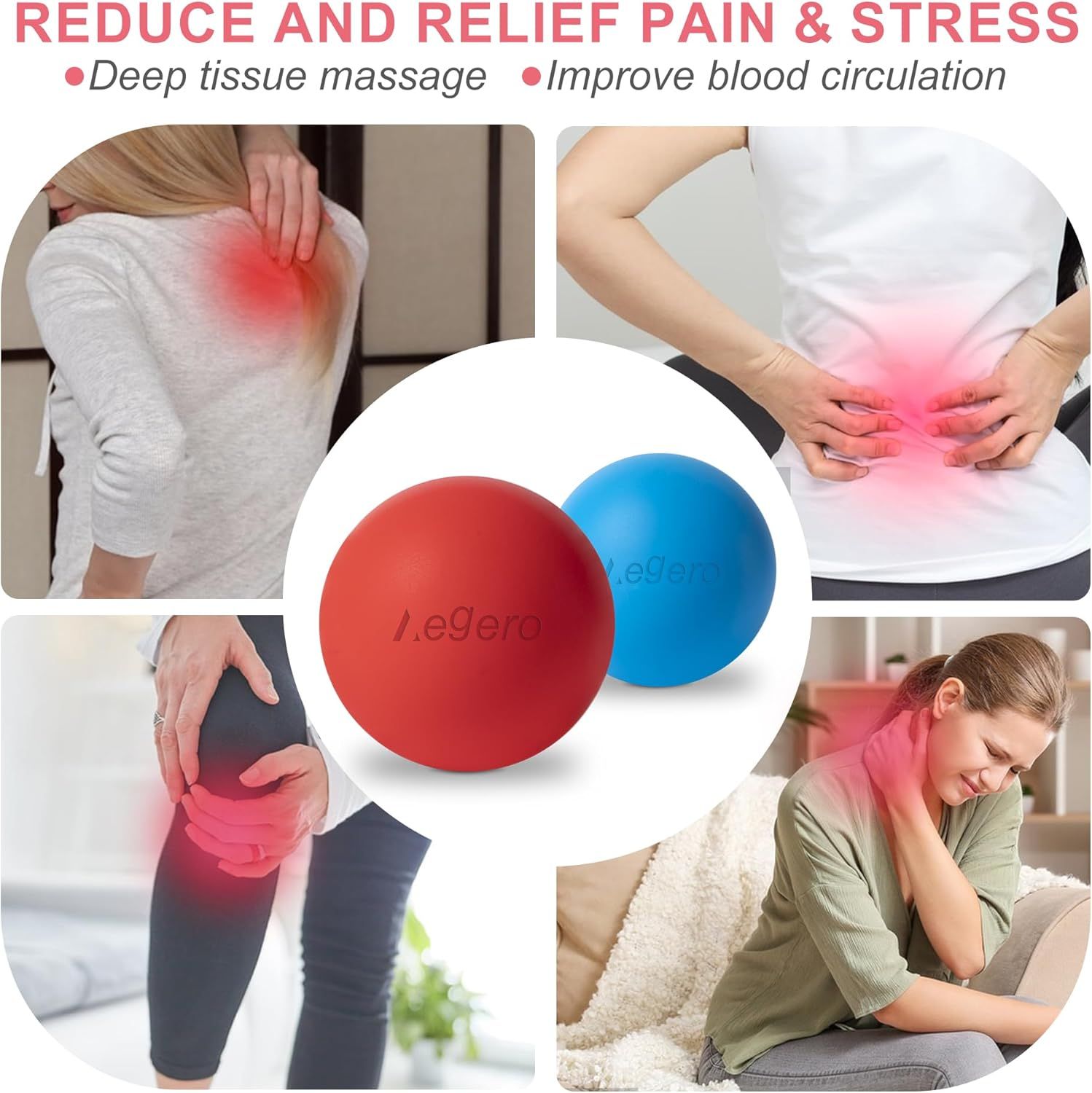 Demonstrates the versatility of the massage balls by showing multiple body areas where they can be used for pain relief and stress reduction. Highlights multiple distinct benefits of the product…