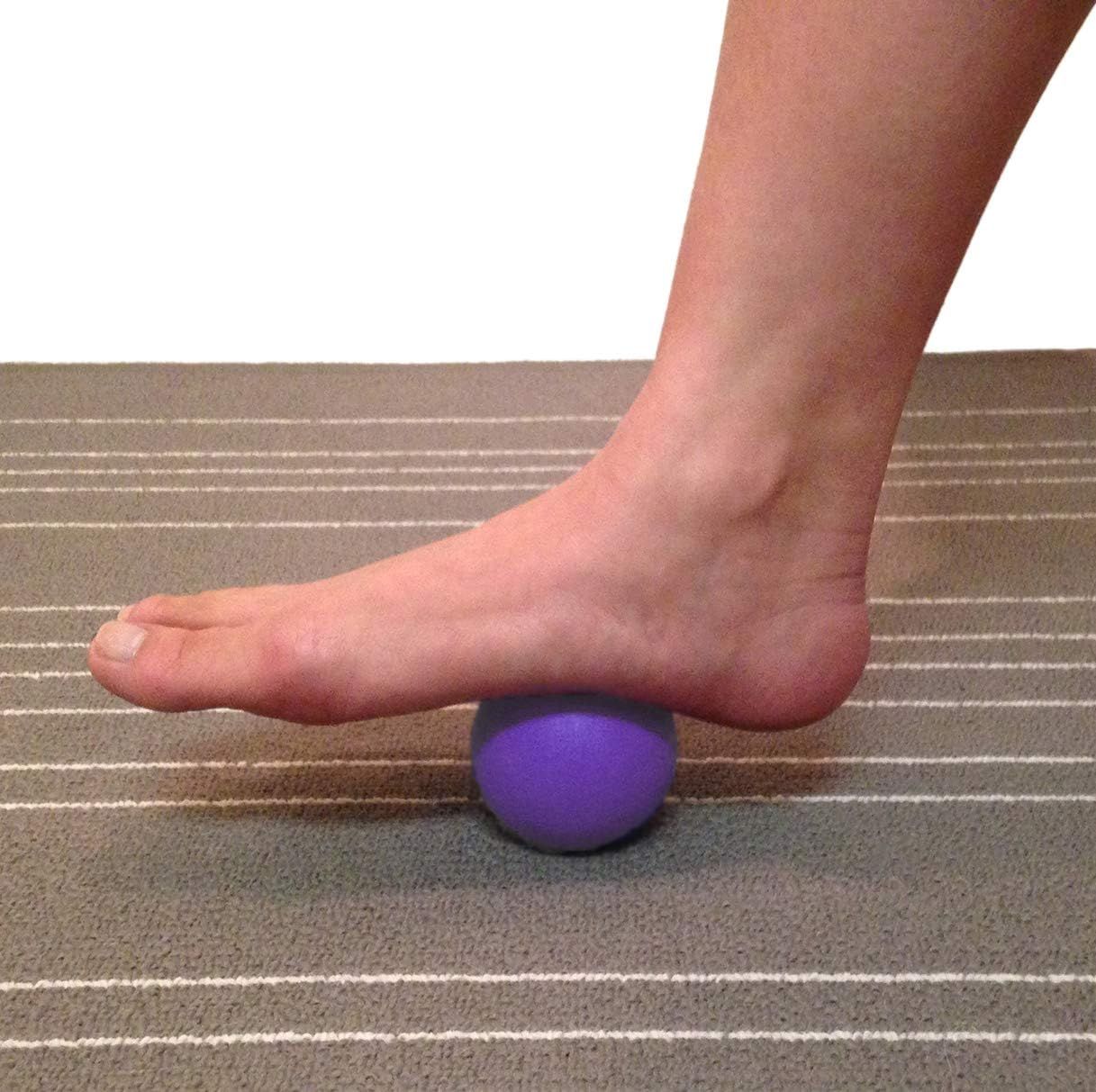 Demonstrates how to use the massage ball product by showing proper foot placement and rolling technique for muscle relief and self-massage.