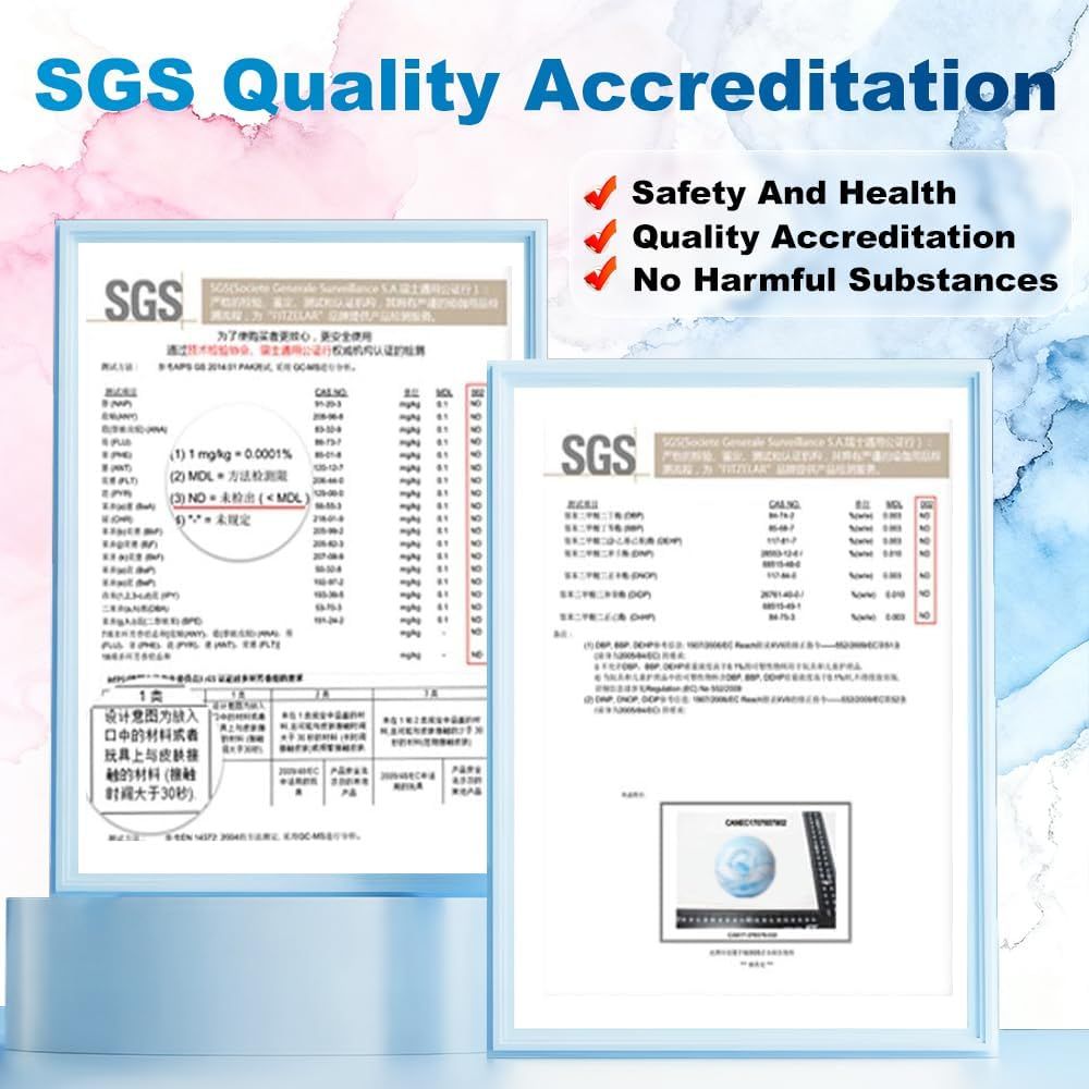 Displays official SGS certification documents to reassure shoppers that the product has been tested and accredited for safety, health, and quality standards with no harmful substances.