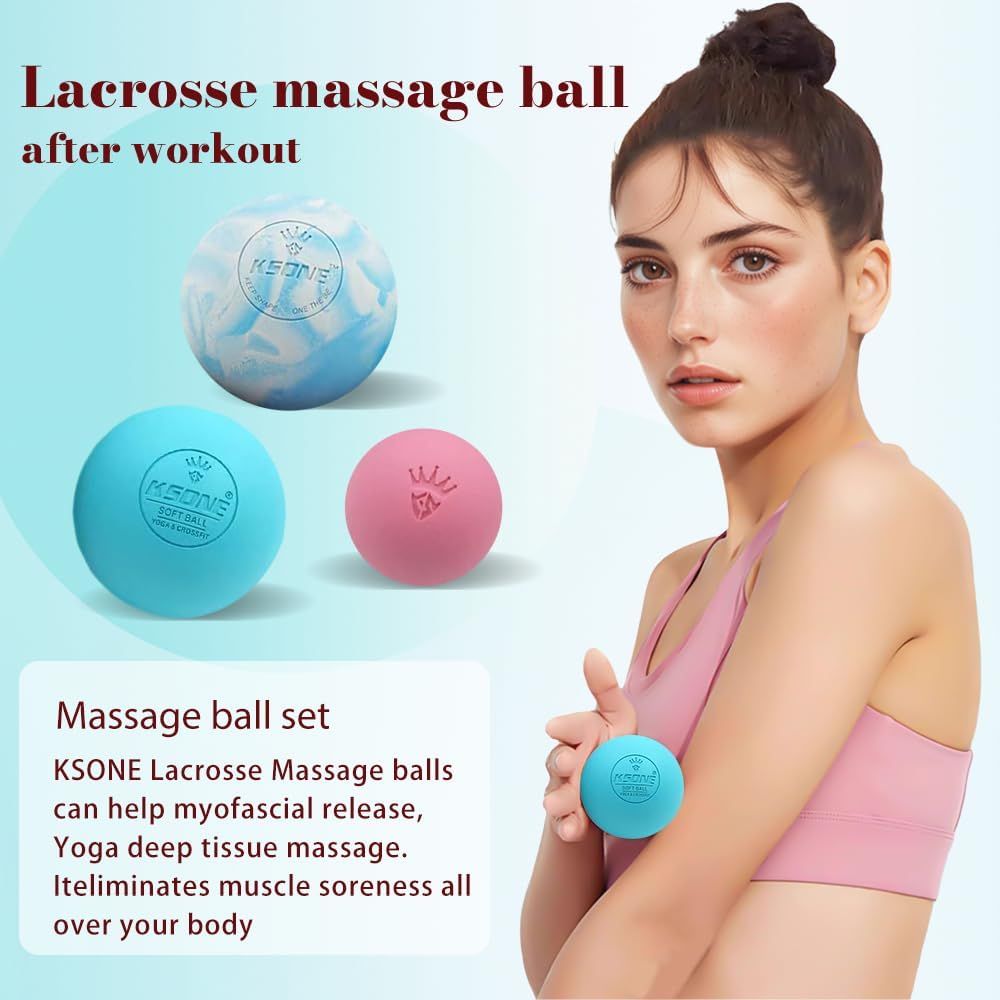 Communicates multiple therapeutic benefits of the massage ball set, including myofascial release, deep tissue massage, and muscle soreness relief to appeal to fitness and wellness shoppers. Shows…