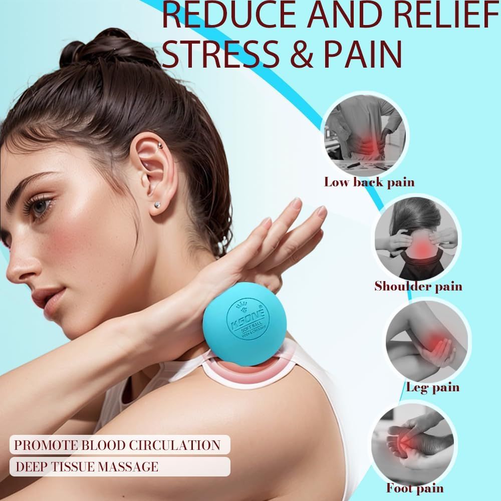 Demonstrates the versatility of the massage ball by showing multiple body areas where it can be used for pain relief and stress reduction. Highlights multiple distinct benefits of the product…