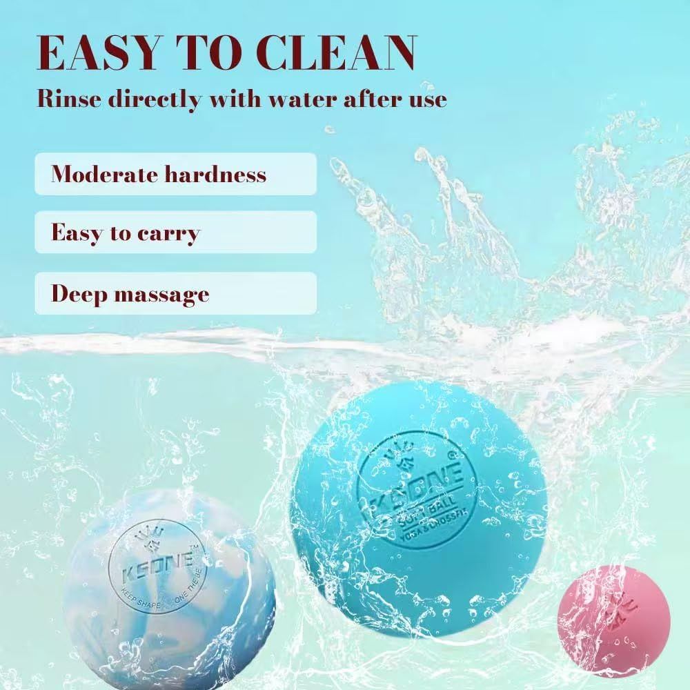 Communicates multiple distinct benefits of the massage product in a segmented layout, highlighting ease of cleaning, hardness level, portability, and massage…