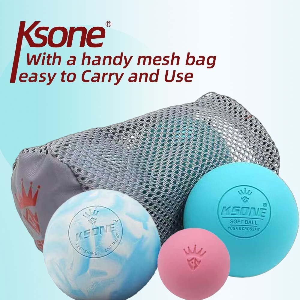 Shows everything included in the purchase: a mesh storage bag and three massage balls of different sizes and colors, helping shoppers understand the complete kit they will receive. Emphasizes the…