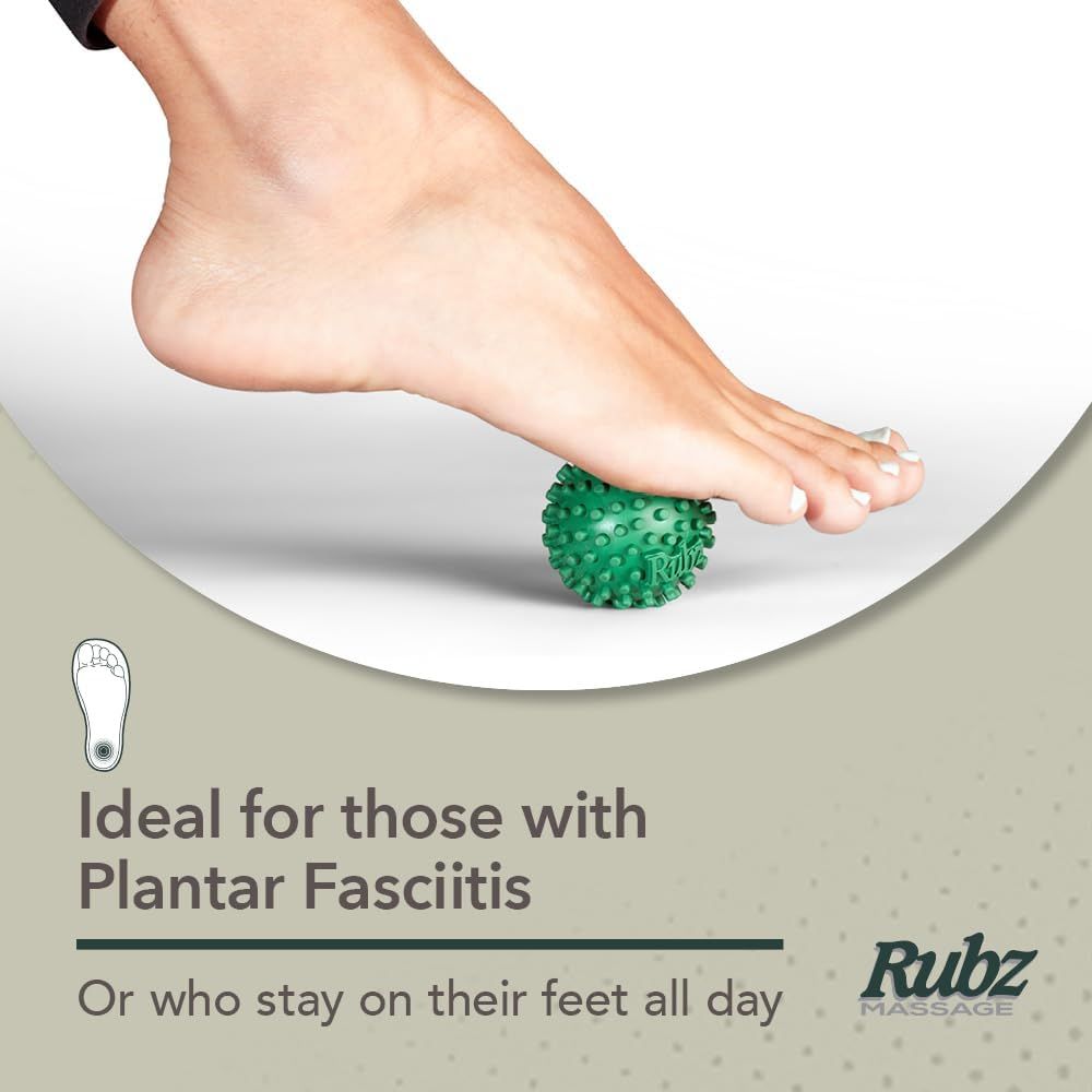 Communicates that the massage ball is specifically designed to help people with plantar fasciitis or those who stand all day, providing targeted foot pain relief.