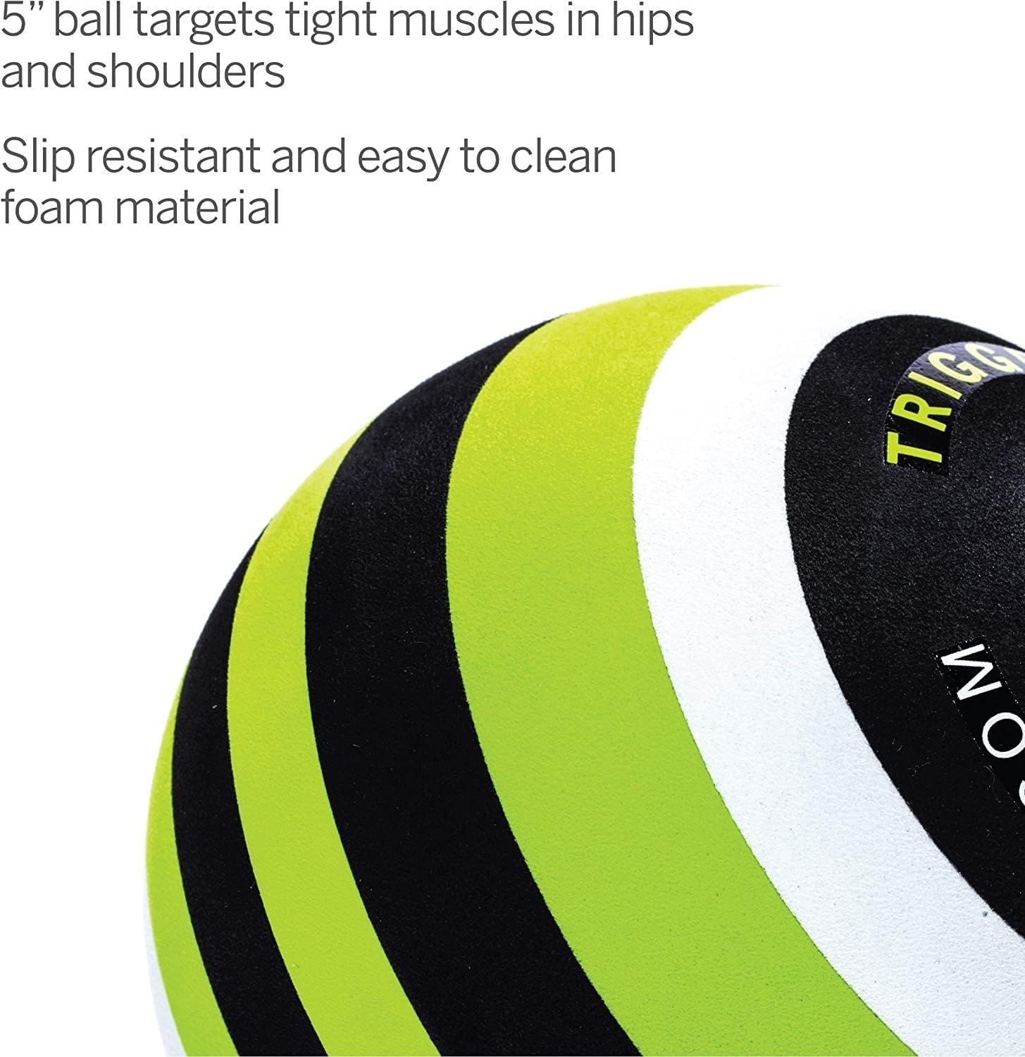 Communicates multiple distinct benefits of the massage ball: its 5-inch size for targeting tight muscles in hips and shoulders, slip-resistant surface, and easy-to-clean foam material to reassure…