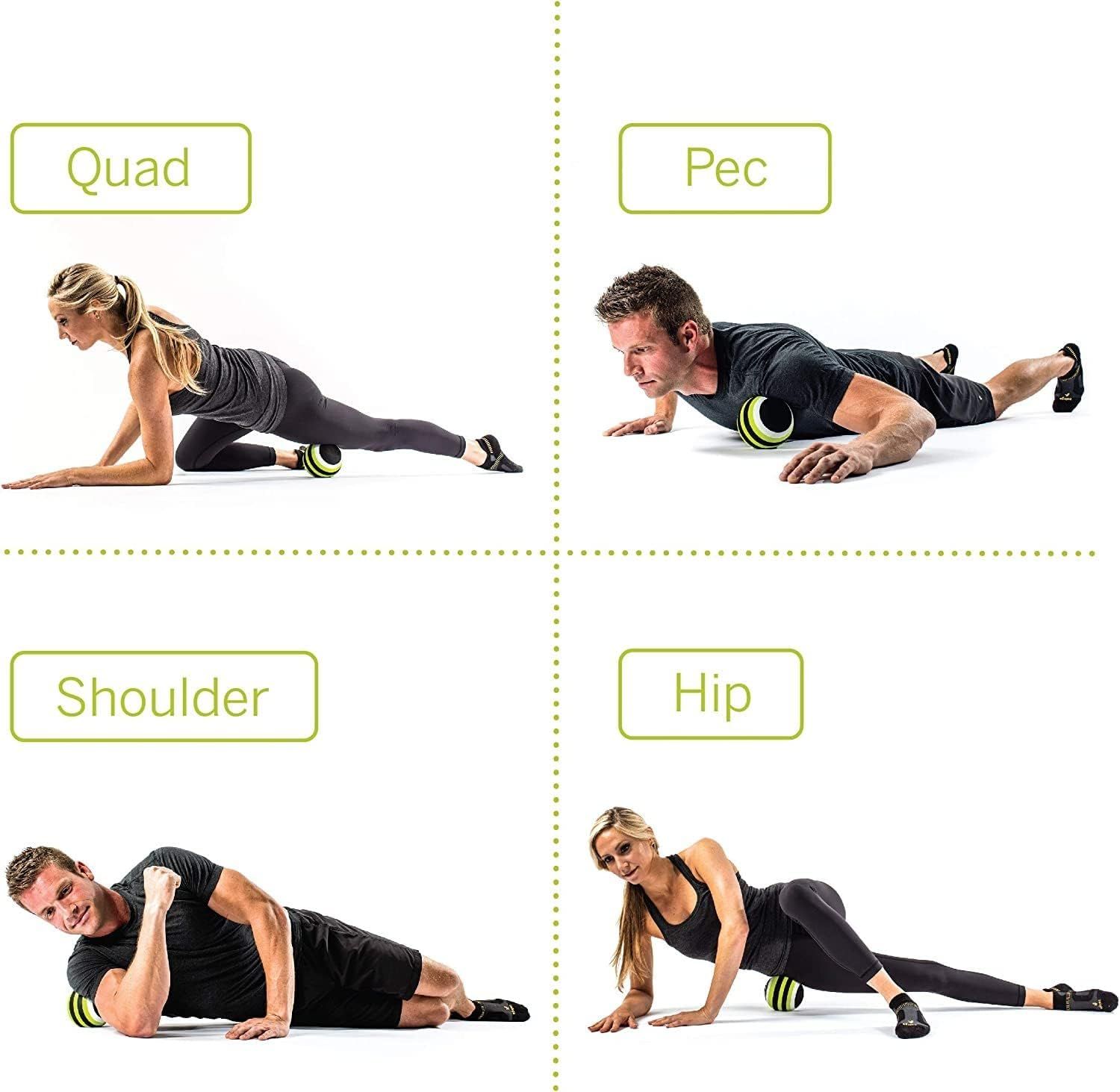 Demonstrates the versatility of the foam roller by showing four different muscle group exercises (quad, pec, shoulder, hip) that can be performed with the product. Instructs shoppers on how to…