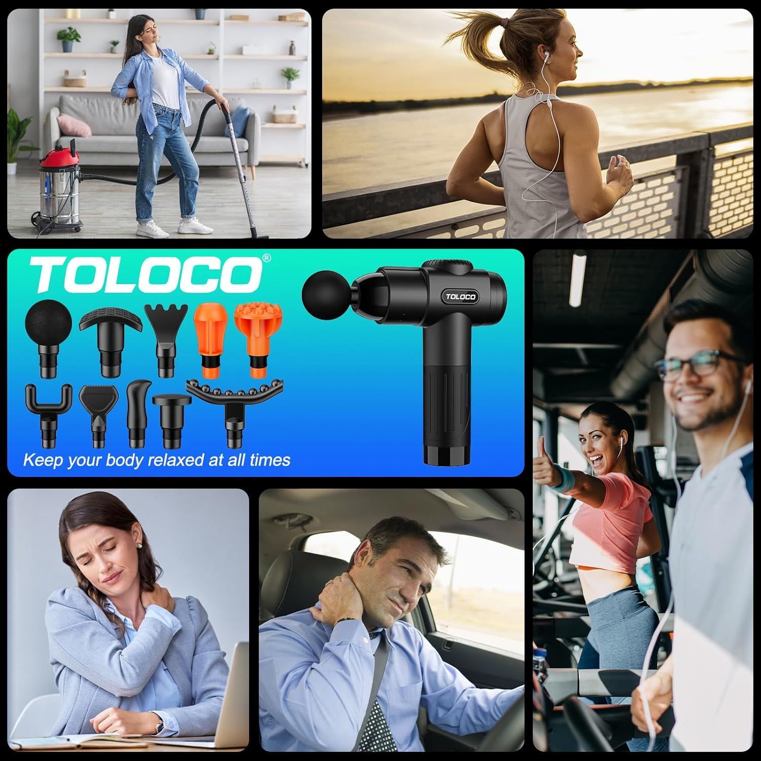 Demonstrates the versatility of the massage gun by showing it can be used across multiple real-world scenarios—at home, during exercise, at work, and while driving—to reassure shoppers it fits…