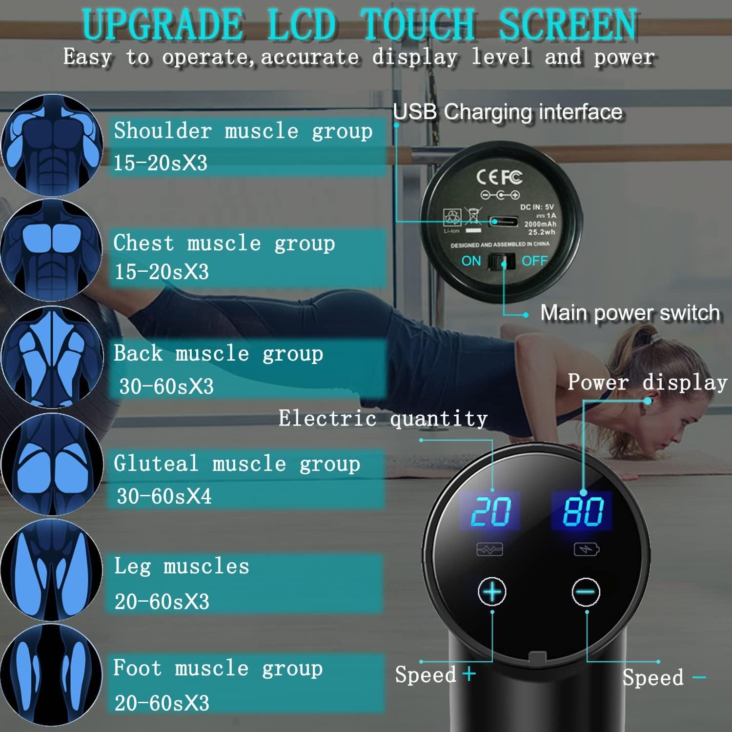 This image showcases the product's multiple features and benefits in a segmented layout, highlighting the upgraded LCD touch screen interface, various muscle…