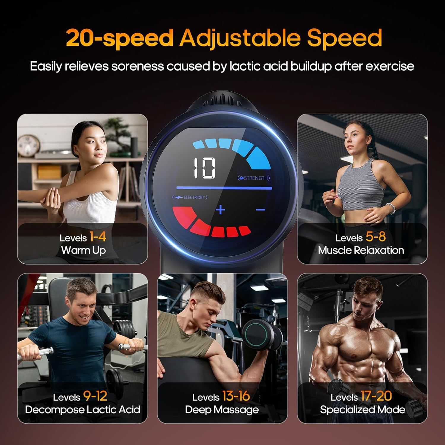 Demonstrates the versatility of the massage device by showing five different use cases and intensity levels, helping shoppers understand when and how to use…