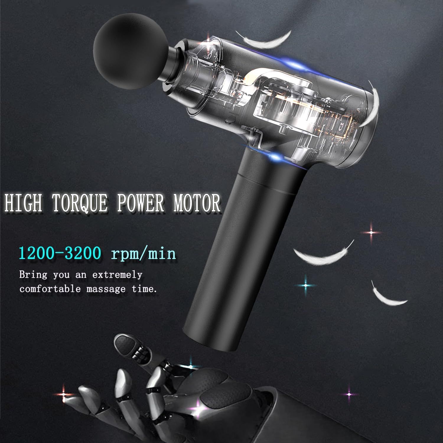 Showcases the internal motor mechanism and engineering of the massage gun to communicate power, quality, and advanced technology to the shopper. Highlights the quantifiable performance specification…